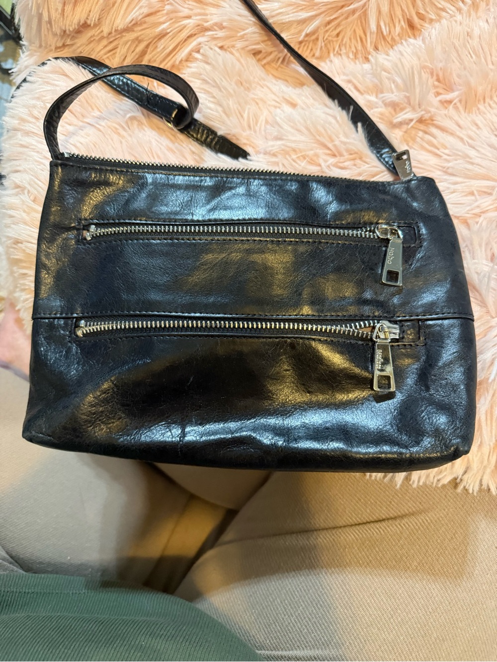 HOBO Black Leather Crossbody Bag with Dual Zip Pockets